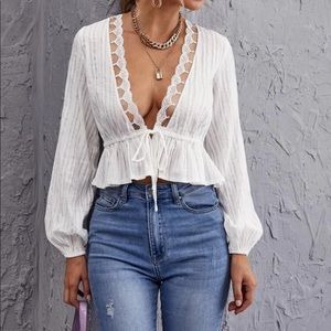 Tie Front Ruffle Hem Lace Trim Top
